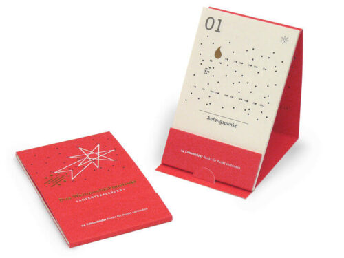 Adventskalender Konstrukt aufgestellt und liegend rotes Cover