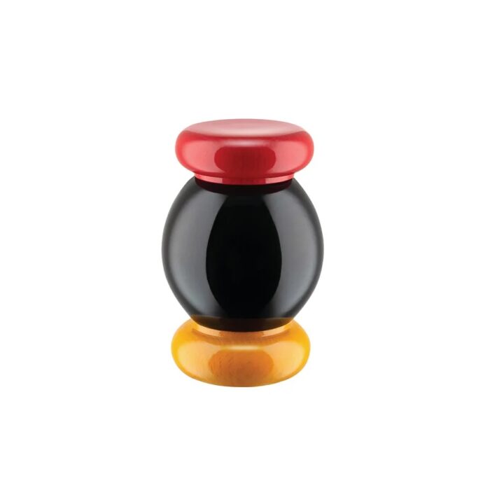 Kleine Salz-Gewürzmühle aus Buchenholz in den Farben gelb schwarz rot