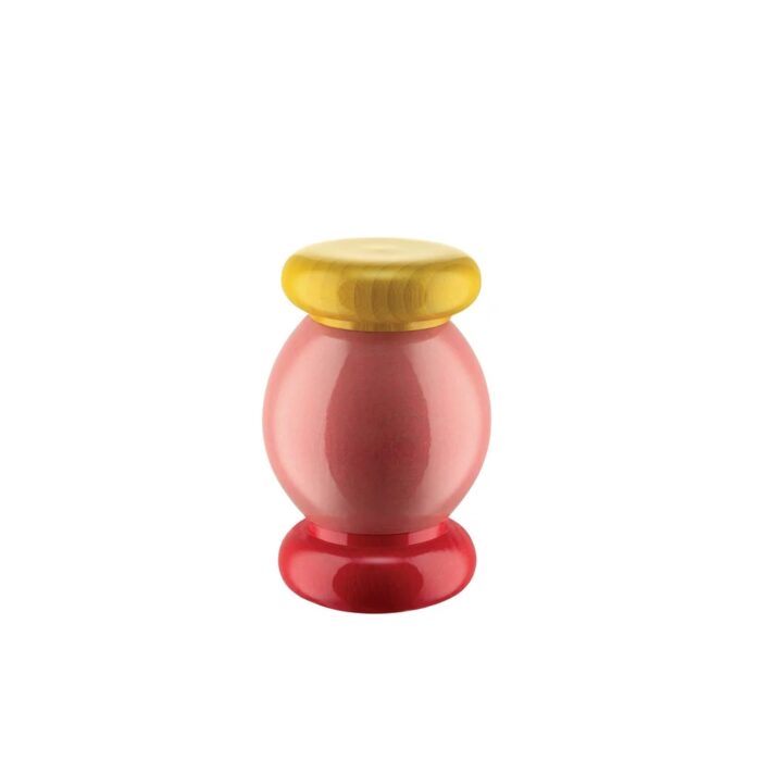 Kleine Salzmühle von Alessi in den Farben rot pink gelb auf weissem Grund