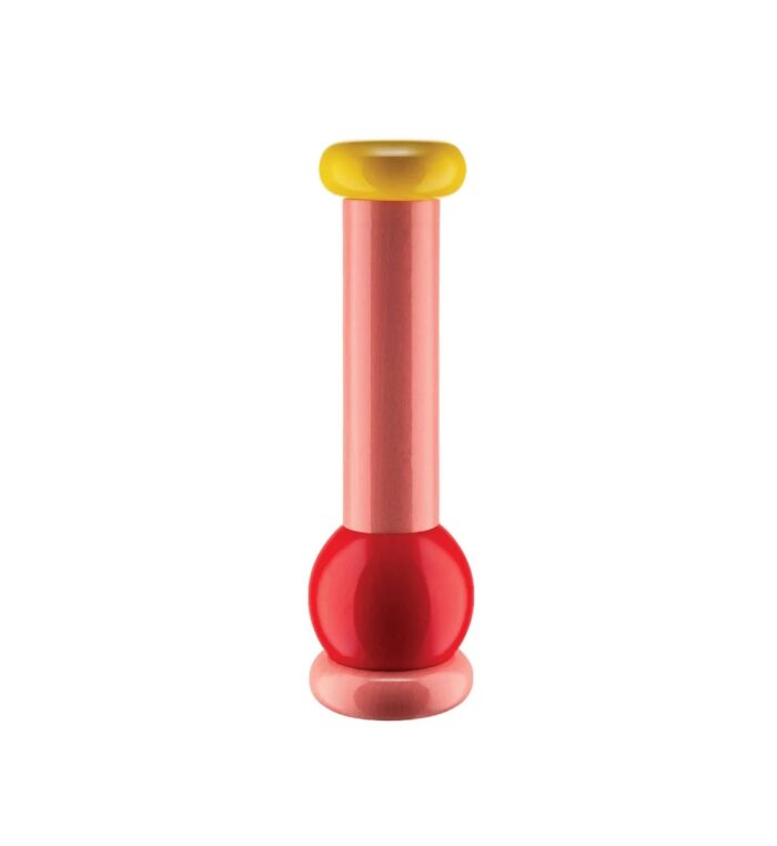 Grosse Pfeffer-Salzmühle in 3 Farben gelb pink und rot auf weissem Grund