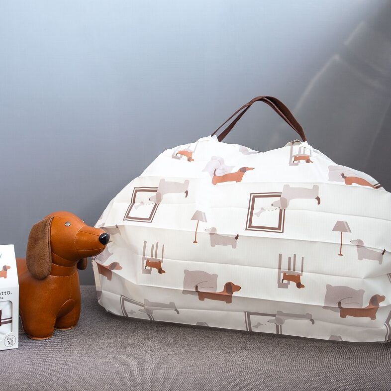 Collaboration Shupatto x Zuny, Einkaufstasche mit Falttechnik aus Japan, Dackelmotif, Größe Medium